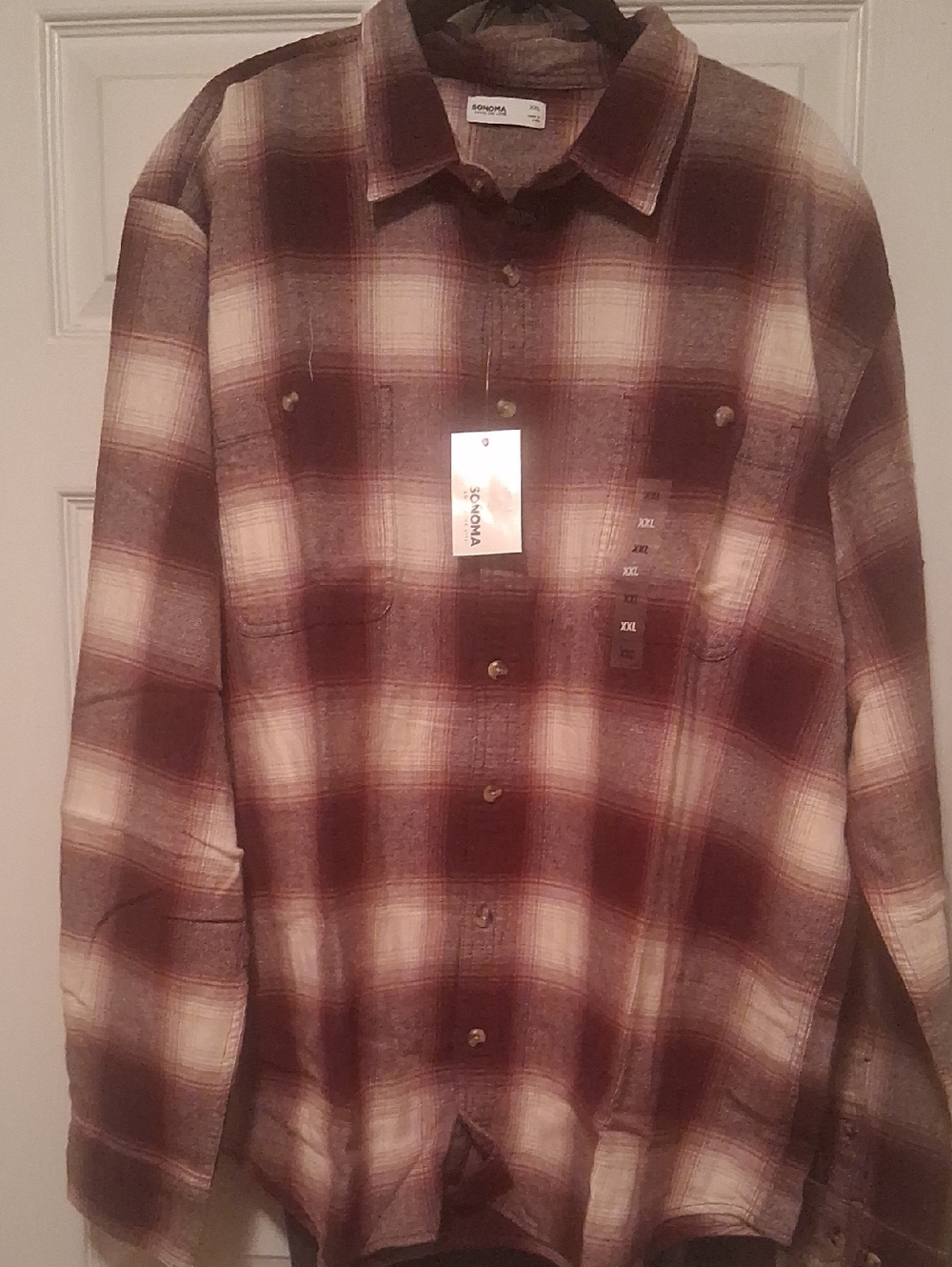 Sonoma Men's Soft Flannel  Burgundy and Cream Plaid Button-Down Shirt XXk